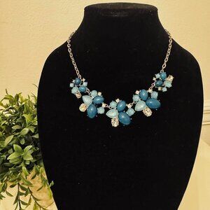 Blue Cabochon & Rhinestone Cluster Flower Statement Necklace